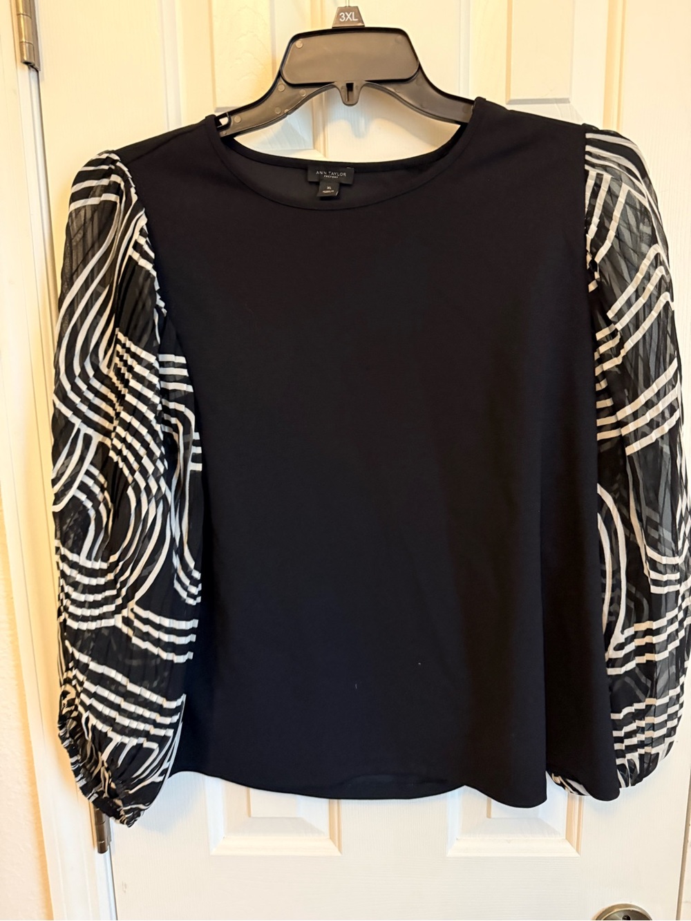 Ann Taylor Black Blouse with Patterned Sheer Puff Sleeves